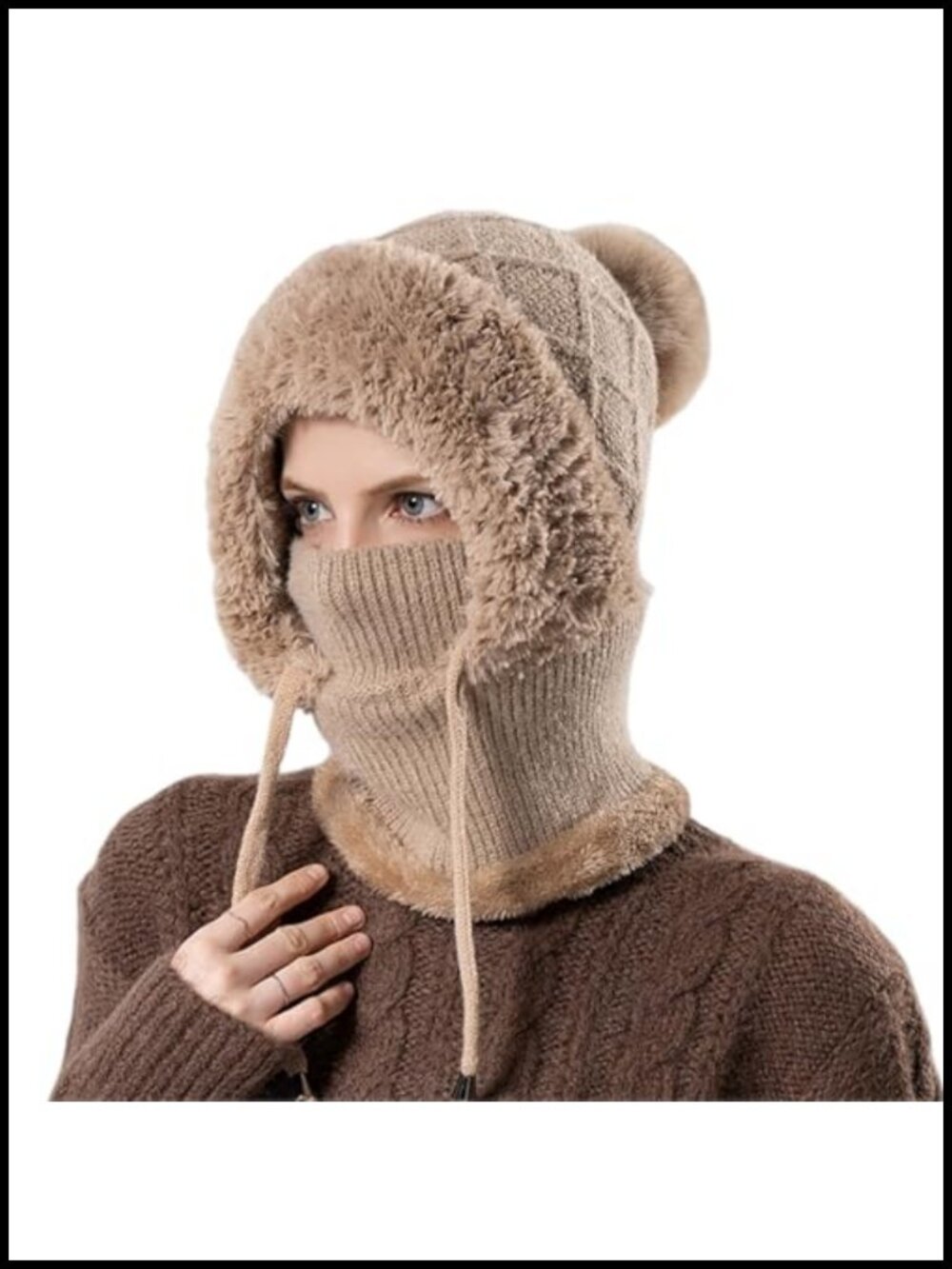 3-in-1 Knitted Balaclava Beanie with Face Cover Fleece Lined Winter Hat